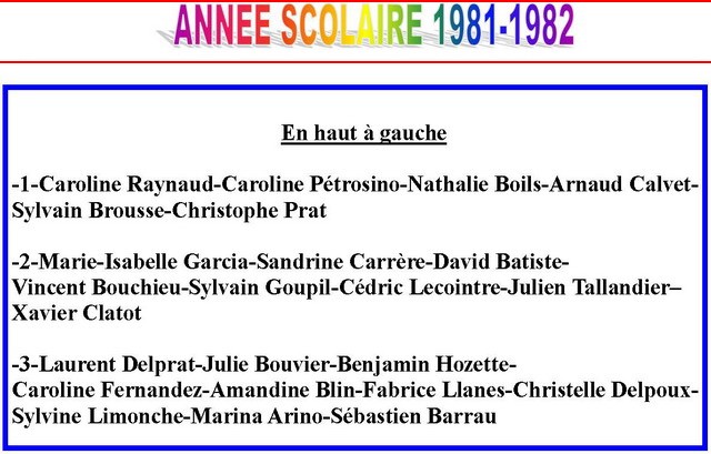 1981-1982 noms des élèves de la photo précédente